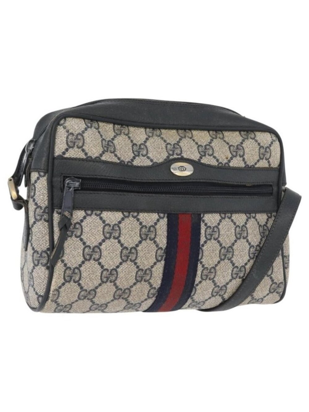 Authentic GUCCI GG Supreme Sherry Line Shoulder Bag PVC Navy Gold 89 02 004